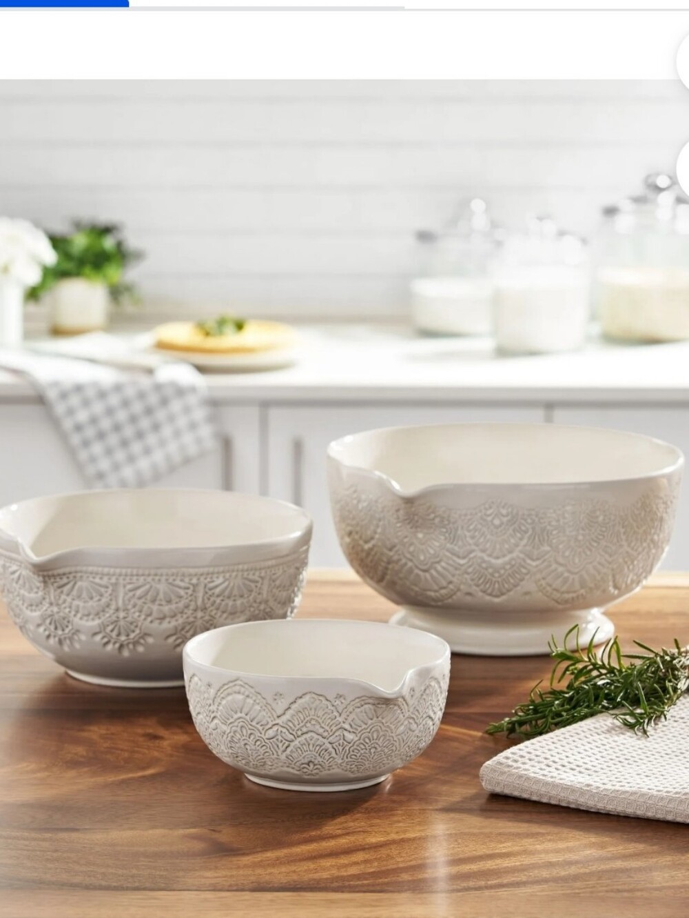 💙 New Pioneer Woman Vintage Lace Linen Mixing Bowl Set Lace Embossed Pattern